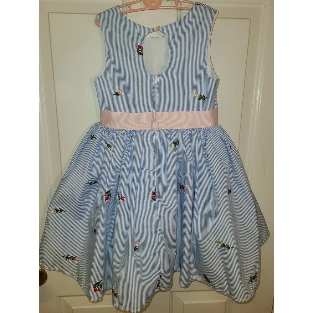 Zunie Sleeveless Floral Embroidered Petticoat Blue Stripe Pinstripe‎ Dress Sz 5